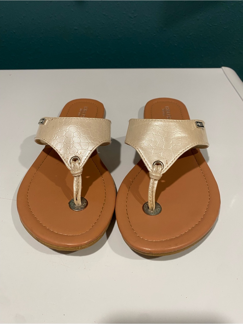 Chaps Cream Metallic Thong Sandals with Tan Footbed